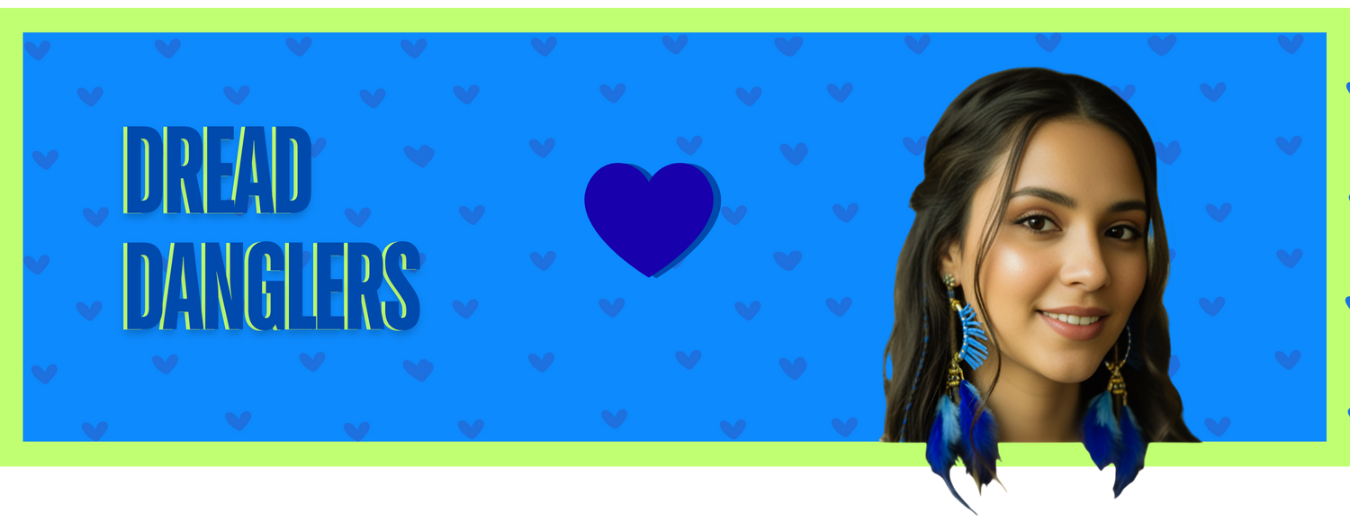Promotional graphic for 'Dread Danglers' with a person wearing blue earrings against a blue background with heart patterns.
